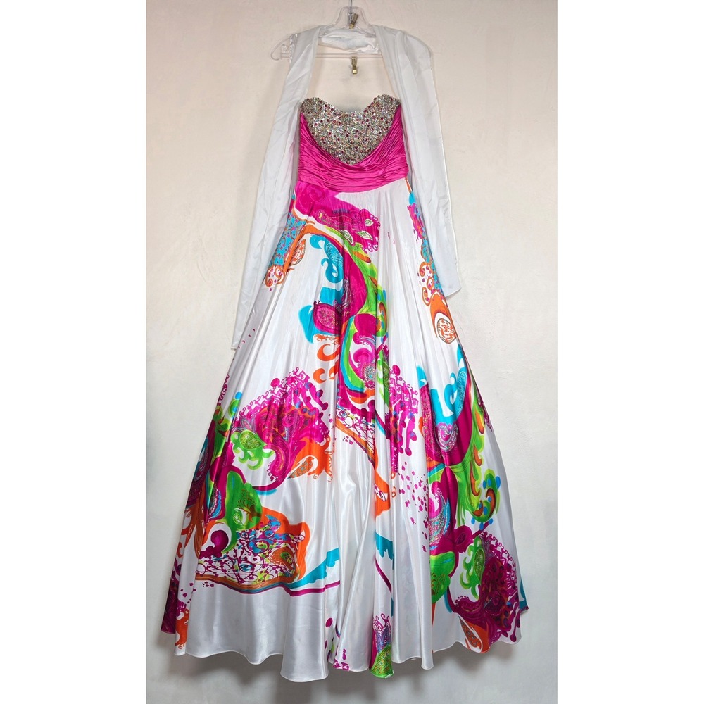Jovani Maxi Dress Women's 2 White Pink Beaded Rhinestone Formal Prom Gown Y2K - Picture 13 of 16